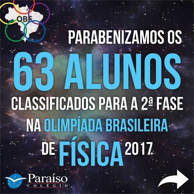 63 alunos Paraíso são classificados para a 2° fase da OBF 2017