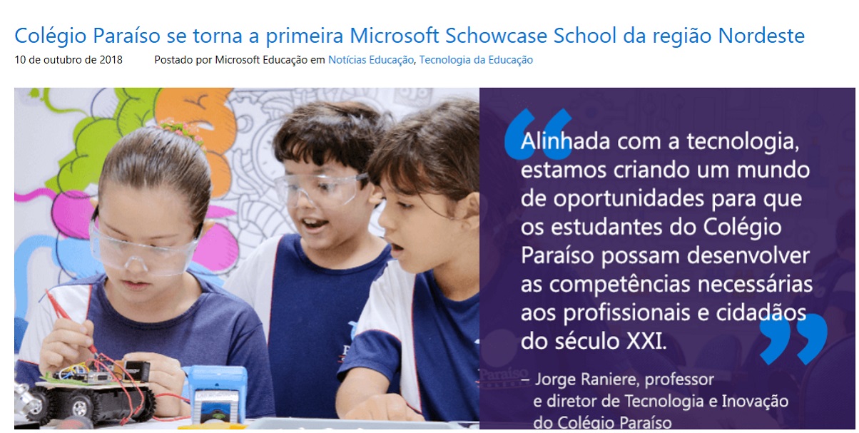 Colégio Paraíso se torna a primeira Microsoft Schowcase School da região Nordeste