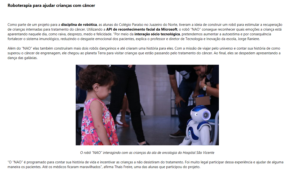Projeto de estudantes da Robótica do Colégio Paraíso é destaque em reportagem da Microsoft